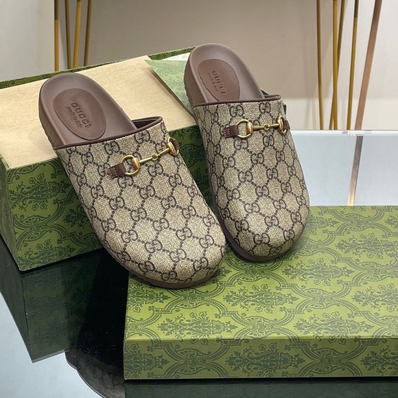 Gucci Kids Monogram Brown and Gold Slippers - Picture 1 of 9
